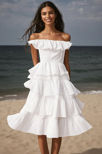 Ivory Ruffled Off the Shoulder Midi Boho Dress